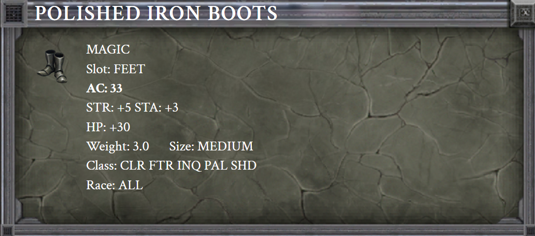 POLISHED IRON BOOTS item card screenshot, slot FEET