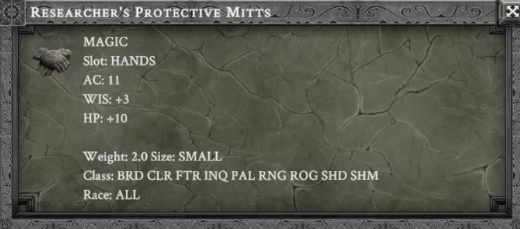 RESEARCHER'S PROTECTIVE MITTS item card screenshot, slot HANDS