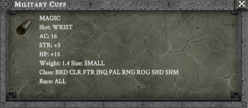MILITARY CUFF item card screenshot, slot WRIST