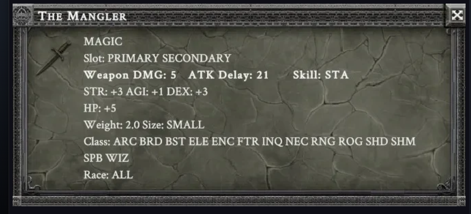 THE MANGLER item card screenshot, slot PRIMARY SECONDARY