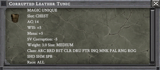 CORRUPTED LEATHER TUNIC item card screenshot, slot CHEST