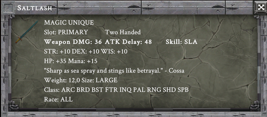 SALTLASH item card screenshot, slot TWO HANDED, lore: "Sharp as sea spray and stings like betrayal." - Cossa
