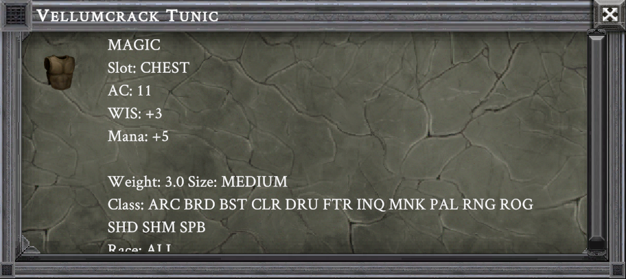 VELLUMCRACK TUNIC item card screenshot, slot CHEST