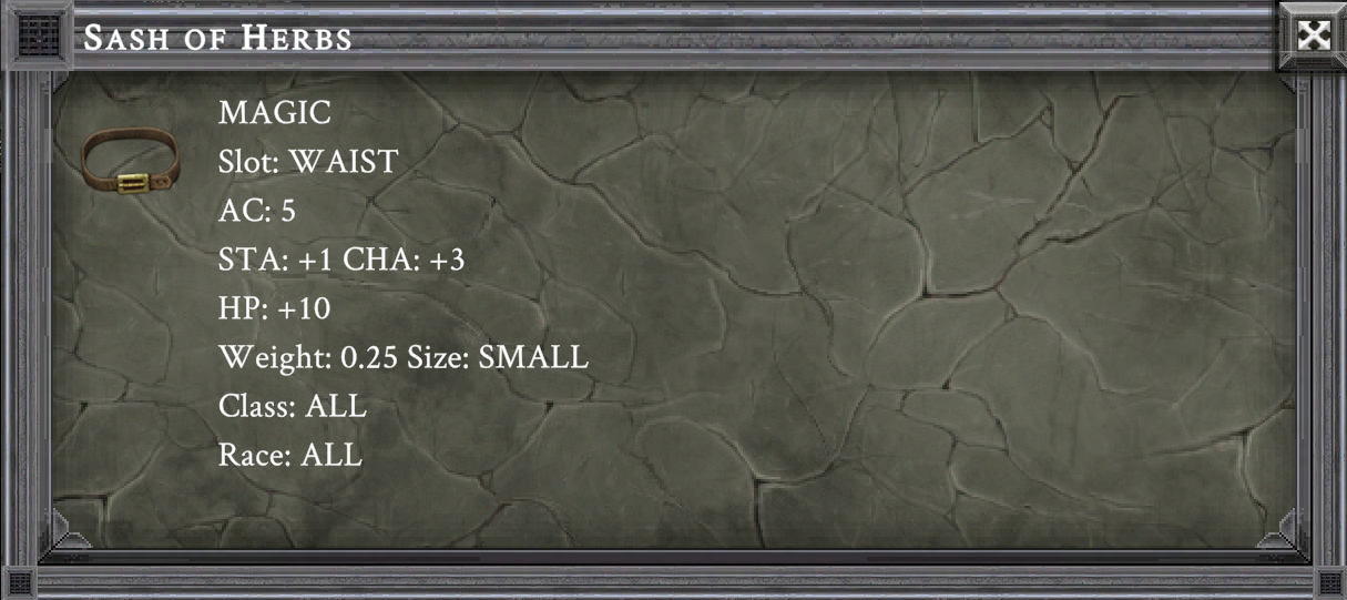 SASH OF HERBS item card screenshot, slot WAIST
