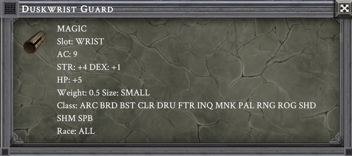 DUSKWRIST GUARD item card screenshot, slot WRIST