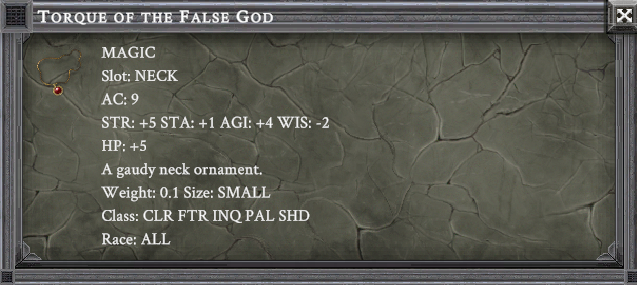 TORQUE OF THE FALSE GOD item card screenshot, slot NECK, lore: A gaudy neck ornament.