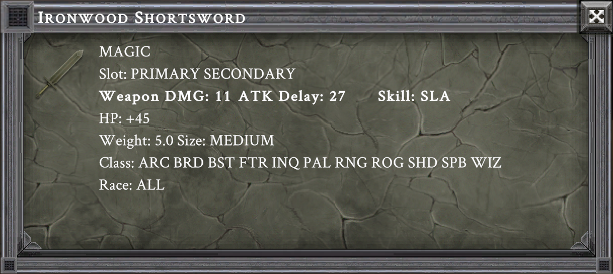 IRONWOOD SHORTSWORD item card screenshot, slot PRIMARY SECONDARY
