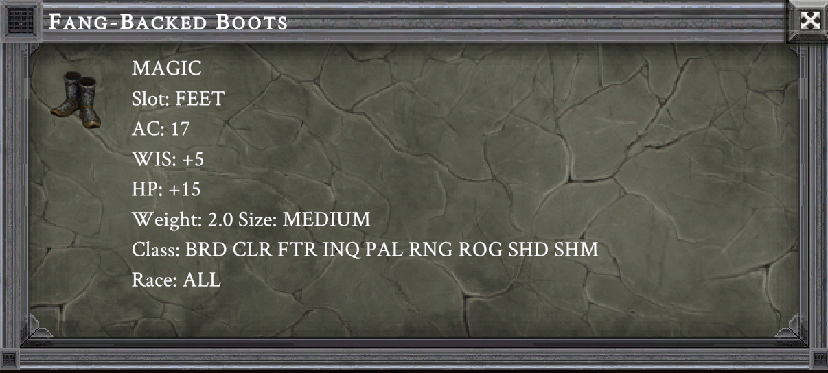 FANG-BACKED BOOTS item card screenshot, slot FEET