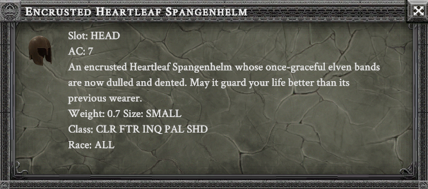 ENCRUSTED HEARTLEAF SPANGENHELM item card screenshot, slot HEAD, lore: An encrusted Heartleaf Spangenhelm whose once-graceful elven bands are now dulled and dented. May it guard your life better than its previous wearer.