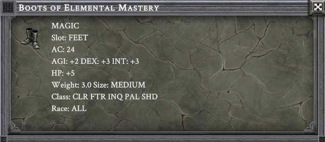 BOOTS OF ELEMENTAL MASTERY item card screenshot, slot FEET