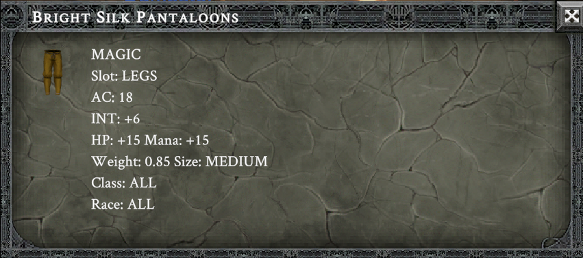 BRIGHT SILK PANTALOONS item card screenshot, slot LEGS