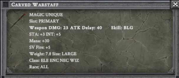 CARVED WARSTAFF item card screenshot, slot PRIMARY