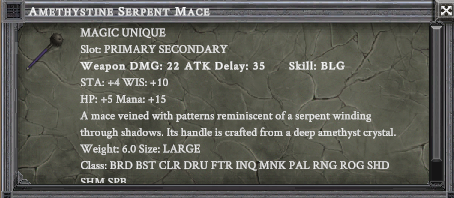 AMETHYSTINE SERPENT MACE item card screenshot, slot PRIMARY SECONDARY, lore: A mace veined with patterns reminiscent of a serpent winding through shadows. Its handle is crafted from a deep amethyst crystal.