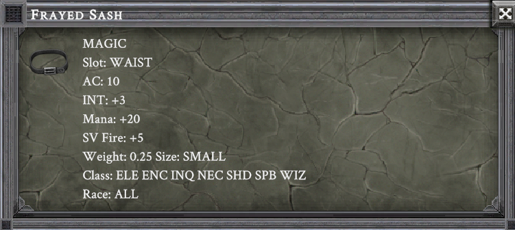 FRAYED SASH item card screenshot, slot WAIST