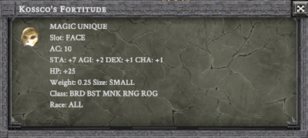KOSSCO'S FORTITUDE item card screenshot, slot FACE