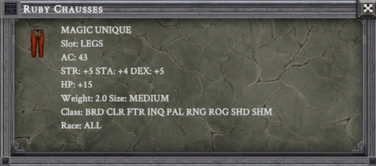 RUBY CHAUSSES item card screenshot, slot LEGS