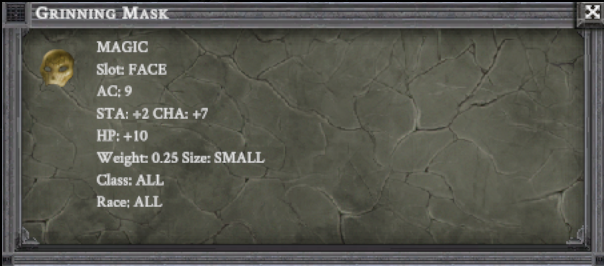 GRINNING MASK item card screenshot, slot FACE