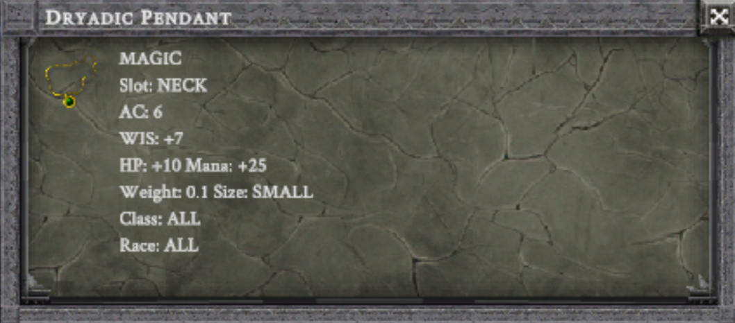 DRYADIC PENDANT item card screenshot, slot NECK