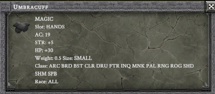 UMBRACUFF item card screenshot, slot HANDS