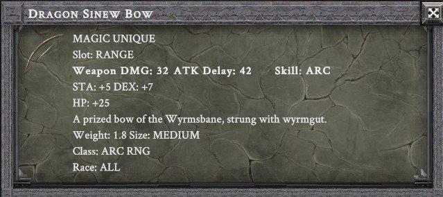 DRAGON SINEW BOW item card screenshot, slot RANGE, lore: A prized bow of the Wyrmsbane, strung with wyrmgut.