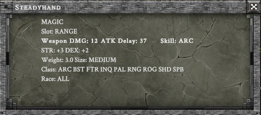 STEADYHAND item card screenshot, slot RANGE