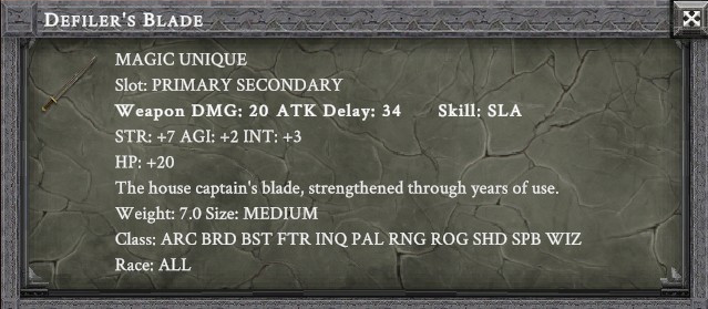 DEFILER'S BLADE item card screenshot, slot PRIMARY SECONDARY, lore: The house captain's blade, strengthened through years of use.