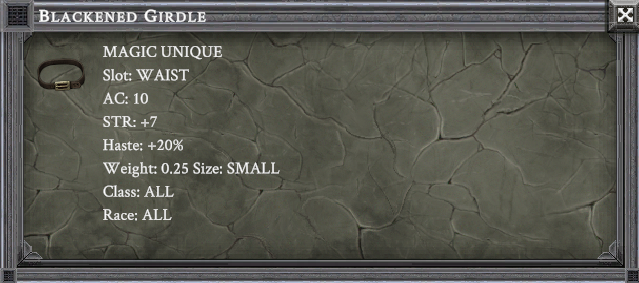 BLACKENED GIRDLE item card screenshot, slot WAIST