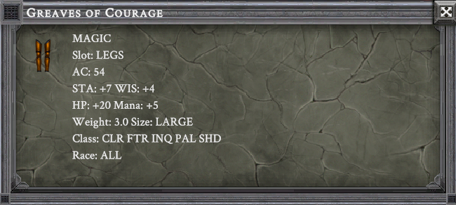 GREAVES OF COURAGE item card screenshot, slot LEGS