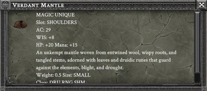 VERDANT MANTLE item card screenshot, slot SHOULDERS