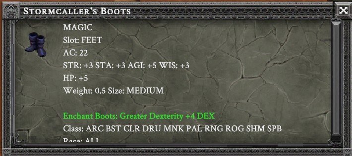 STORMCALLER'S BOOTS item card screenshot, slot FEET