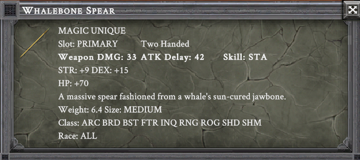 WHALEBONE SPEAR item card screenshot, slot PRIMARY TWO HANDED, lore: A massive spear fashioned from a whale's sun-cured jawbone.