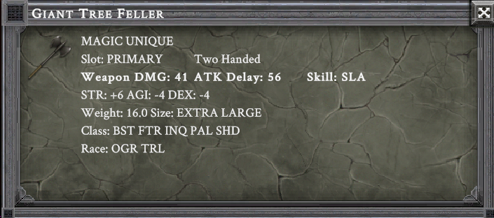 GIANT TREE FELLER item card screenshot, slot PRIMARY TWO HANDED