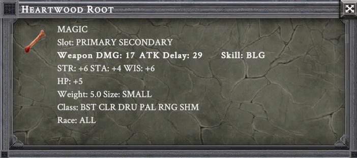 HEARTWOOD ROOT item card screenshot, slot PRIMARY SECONDARY