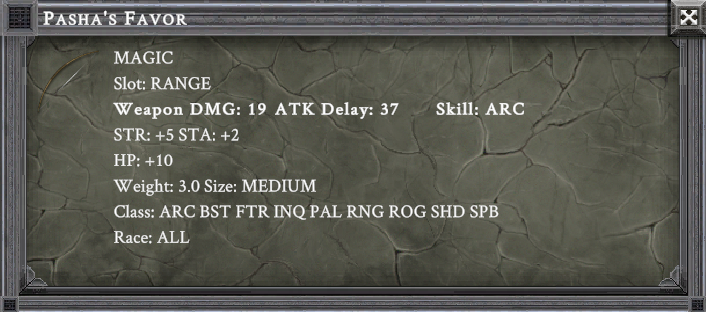 PASHA'S FAVOR item card screenshot, slot RANGE