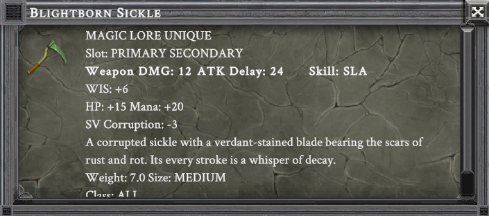 BLIGHTBORN SICKLE item card screenshot, slot PRIMARY SECONDARY, lore: A corrupted sickle with a verdant-stained blade bearing the scars of rust and rot. Its every stroke is a whisper of decay.