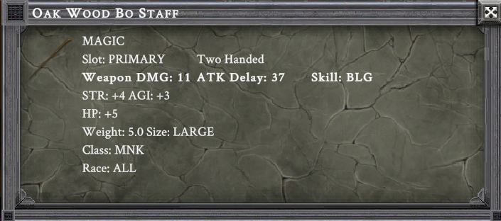 OAK WOOD BO STAFF item card screenshot, slot PRIMARY TWO HANDED