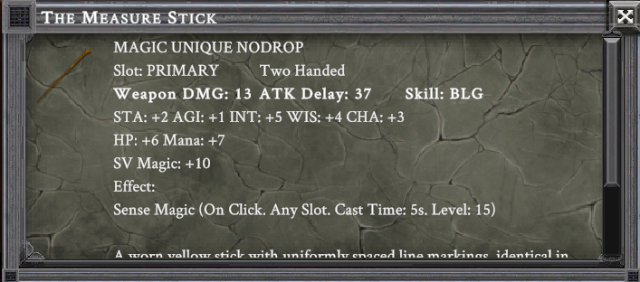 THE MEASURE STICK item card screenshot, slot PRIMARY TWO HANDED, lore: A worn yellow stick with uniformly spaced line markings, identical in length.