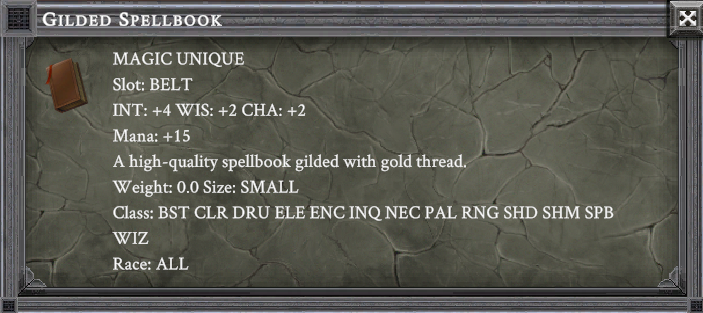 GILDED SPELLBOOK item card screenshot, slot BELT, lore: A high-quality spellbook gilded with gold thread.