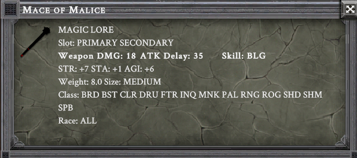 MACE OF MALICE item card screenshot, slot PRIMARY SECONDARY