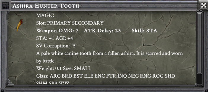 ASHIRA HUNTER TOOTH item card screenshot, slot PRIMARY SECONDARY, lore: A pale white canine tooth from a fallen ashira. It is scarred and worn by battle.