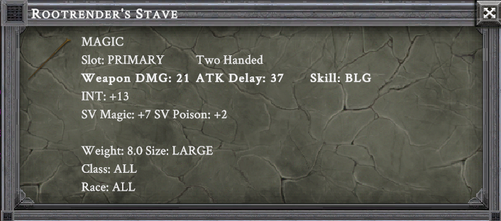 ROOTRENDER'S STAVE item card screenshot, slot PRIMARY TWO HANDED