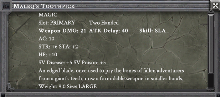 MALEQ'S TOOTHPICK item card screenshot, slot PRIMARY, lore: An edged blade, once used to pry the bones of fallen adventurers from a giant's teeth, now a formidable weapon in smaller hands.