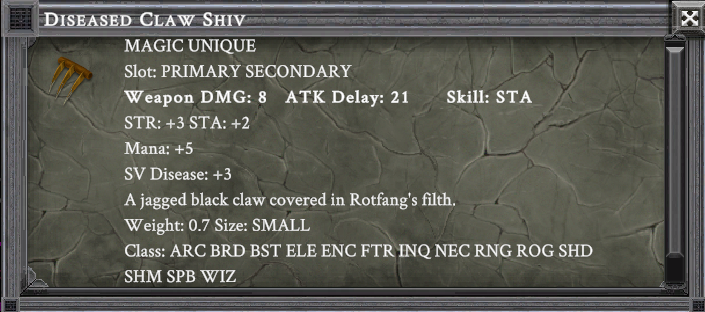 DISEASED CLAW SHIV item card screenshot, slot PRIMARY SECONDARY, lore: A jagged black claw covered in Rotfang's filth.