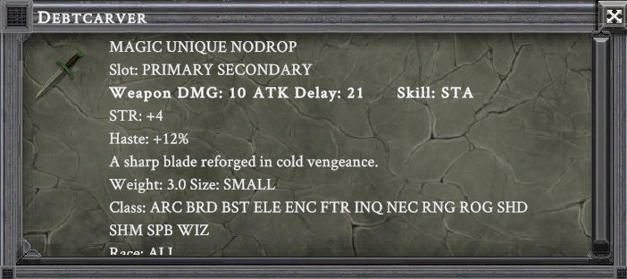 DEBTCARVER item card screenshot, slot PRIMARY SECONDARY, lore: A sharp blade reforged in cold vengeance.