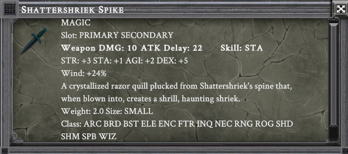 SHATTERSHRIEK SPIKE item card screenshot, slot PRIMARY SECONDARY, lore: A crystallized razor quill plucked from Shattershriek's spine that, when blown into, creates a shrill, haunting shriek.