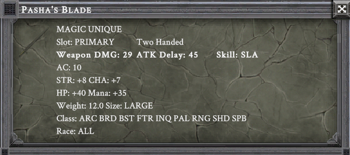 PASHA'S BLADE item card screenshot, slot PRIMARY TWO HANDED
