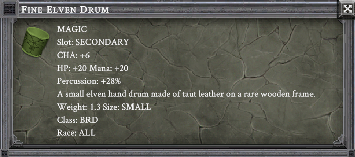 FINE ELVEN DRUM item card screenshot, slot SECONDARY, lore: A small elven hand drum made of taut leather on a rare wooden frame.