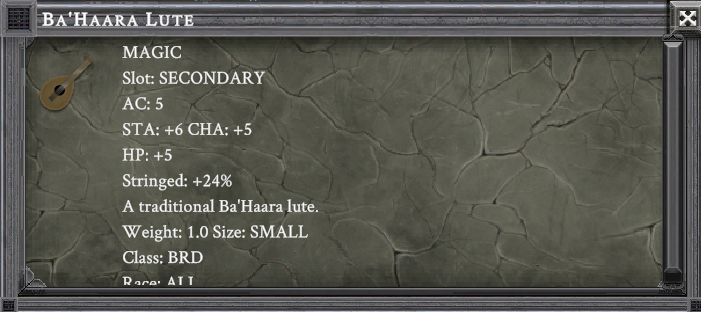 BA'HAARA LUTE item card screenshot, slot SECONDARY, lore: A traditional Ba'Haara lute.