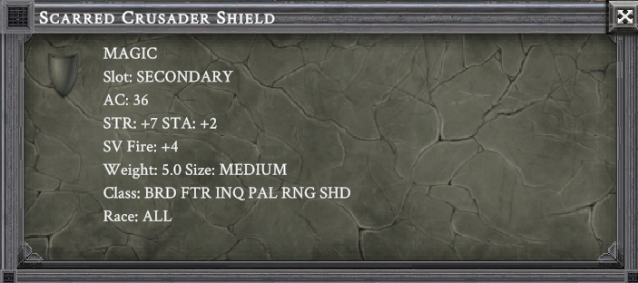 SCARRED CRUSADER SHIELD item card screenshot, slot SECONDARY