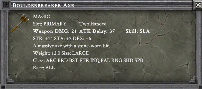 BOULDERBREAKER AXE item card screenshot, slot PRIMARY TWO HANDED, lore: A massive axe with a stone-worn bit.